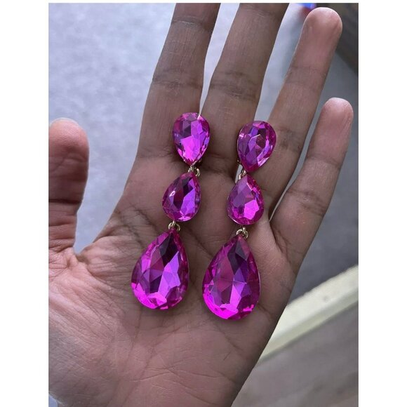 3 inch clip on fuchsia hot pink gold rhinestone crystal teardrop pageant - Picture 7 of 7